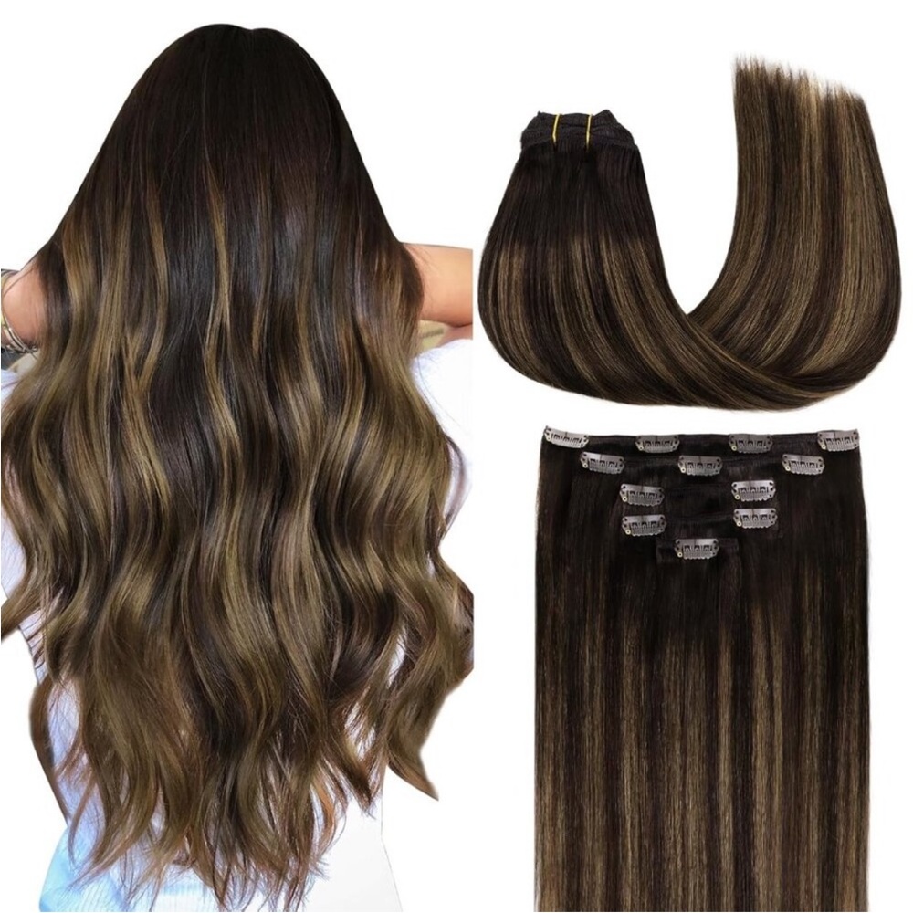 Hair Extensions Clip in Human Hair, 5pcs 75g Balayage Dark Brown Mixed Chestnut